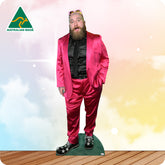 Cardboard cutout of a person in a pink suit with a colorful background and 'Australian Made' logo.